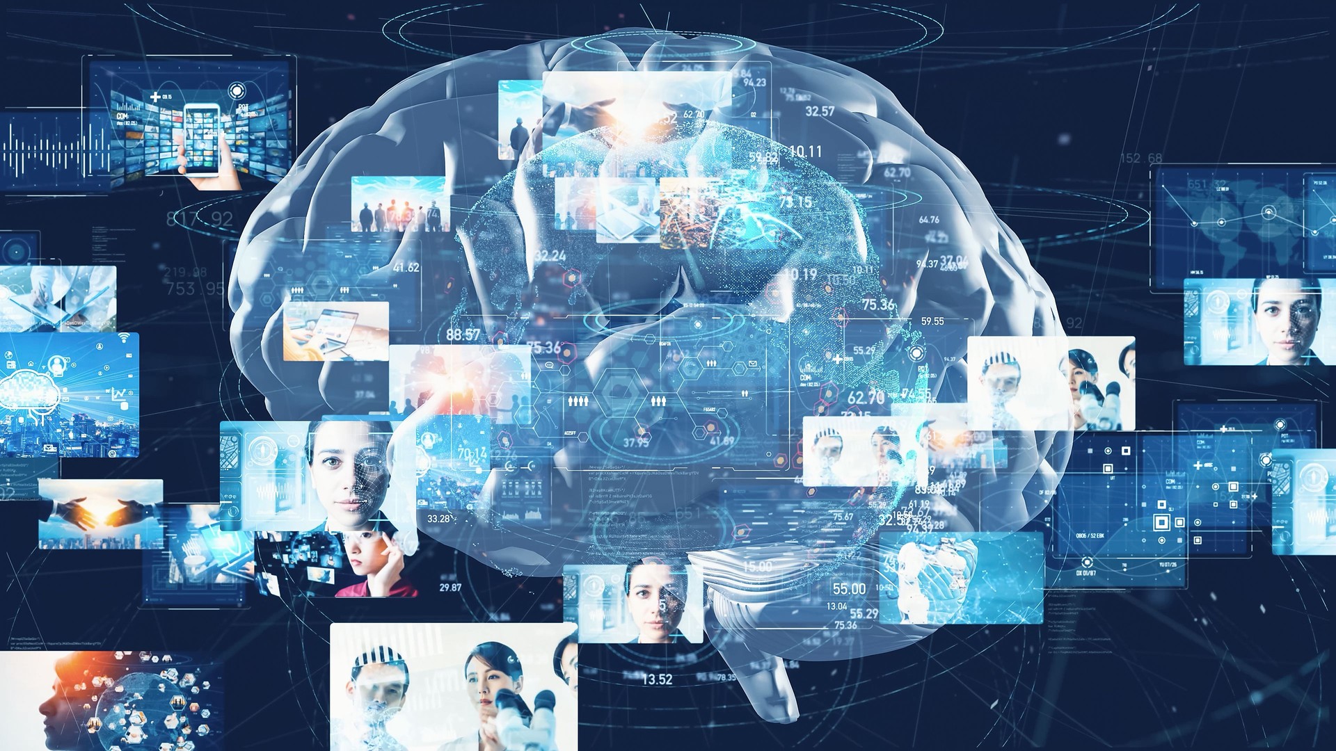 AI (Artificial Intelligence) concept. Deep learning. Image analysis. 3D rendering.